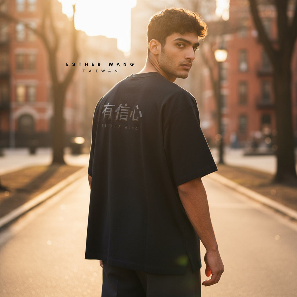 【Esther Wang】 EW Side-Slit Premium Embroidered “Have Faith” Heavyweight Cotton T-Shirt – Black (Unisex)