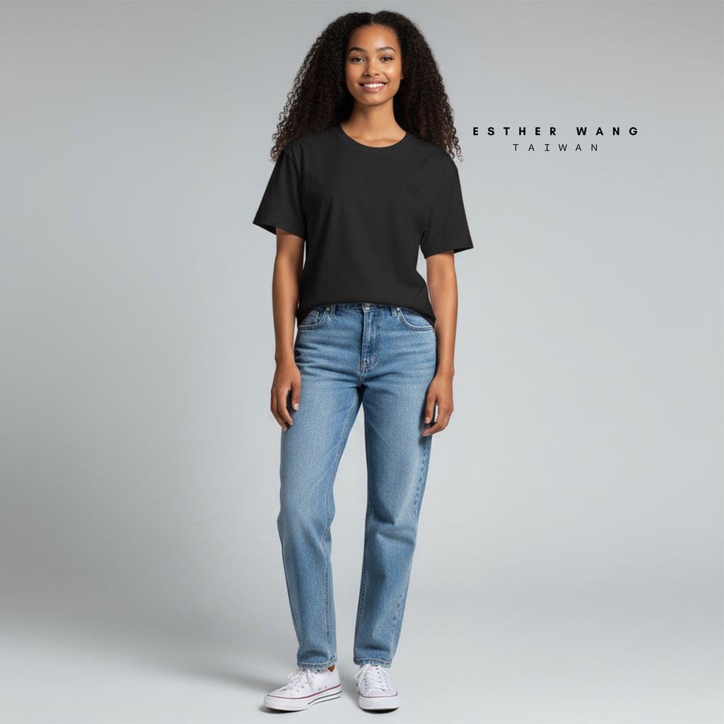 【Esther Wang】 EW Side-Slit Premium Embroidered “Have Faith” Heavyweight Cotton T-Shirt – Black (Unisex)