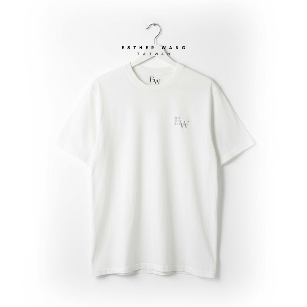 【Esther Wang】EW Premium Embroidered & Printed Heavyweight Combed Cotton T-Shirt – White (Unisex)
