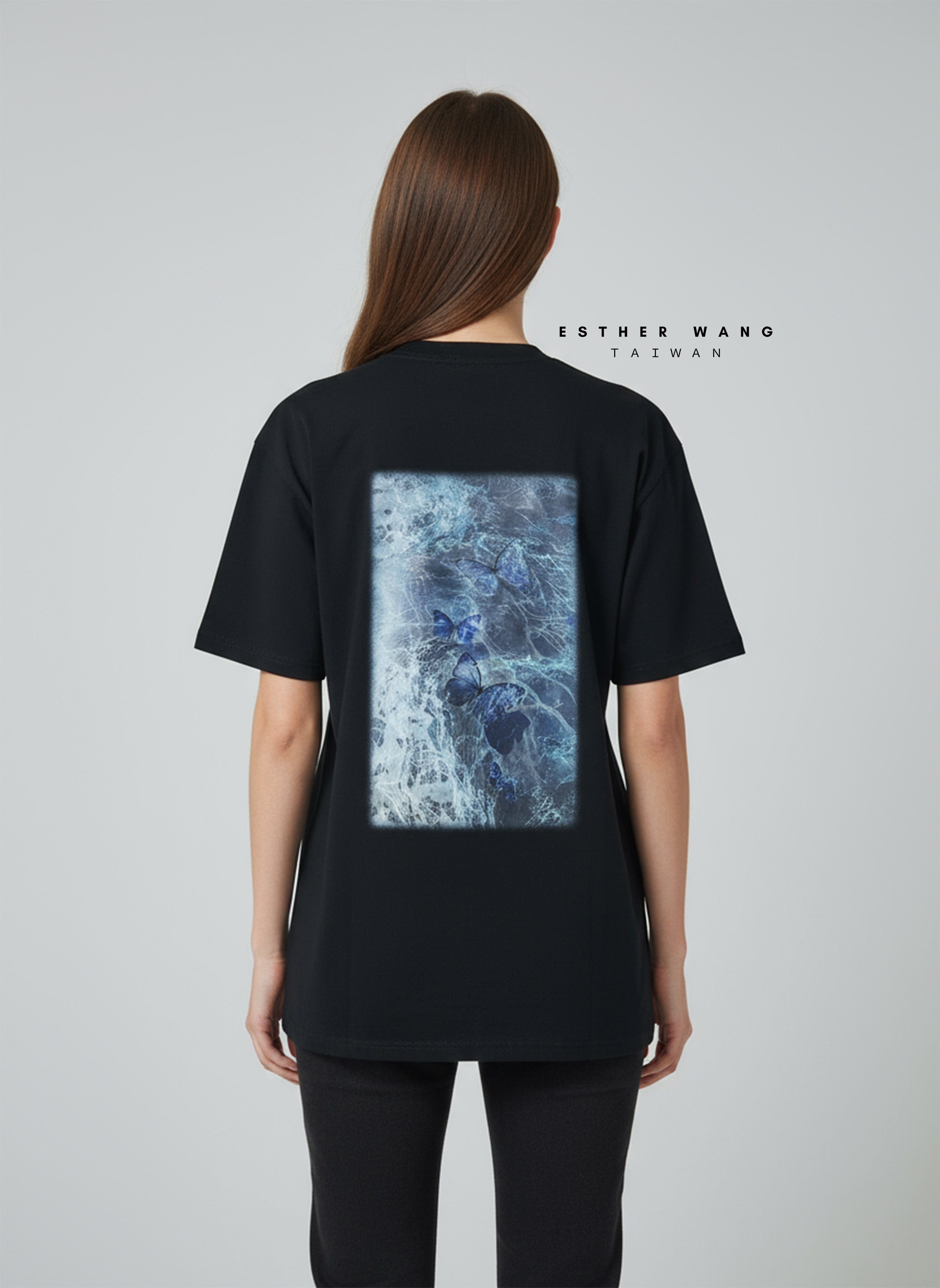 【Esther Wang】 EW Premium Embroidered & Printed Heavyweight Combed Cotton T-Shirt – Black (Unisex)